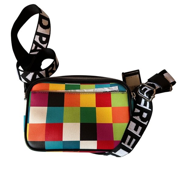 Karl Lagerfeld Multicolor Crossbody Bag W/ Checkered Print & Cartoon Graphic - Picture 2 of 11
